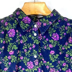 Navy Blue Floral Corduroy Pearl Snap Shirt Jacket Womens 1X Pockets Cottagecore
